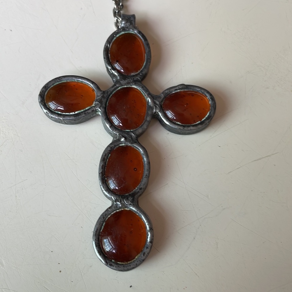Pewter Amber cross Pendant on 12 “ chain